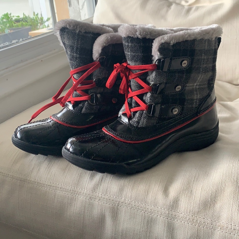 Anne Klein Womens Gayla Round Toe Mid-Calf Cold, Black-gray-plaid size 8